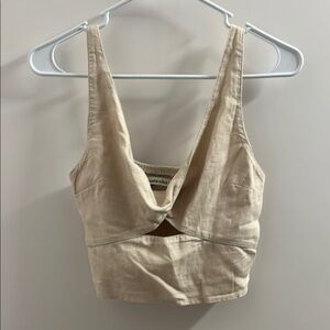 Abercrombie & Fitch Cream Twist Front Linen Blend Crop Top